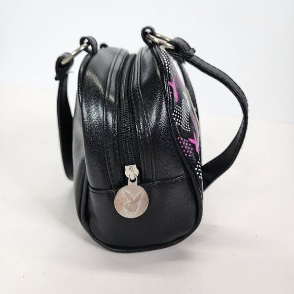 Vtg 90s Playboy BLACK Vinyl Purse Small Bowler Y2K Big White Bunny Logo RARE - Picture 7 of 16